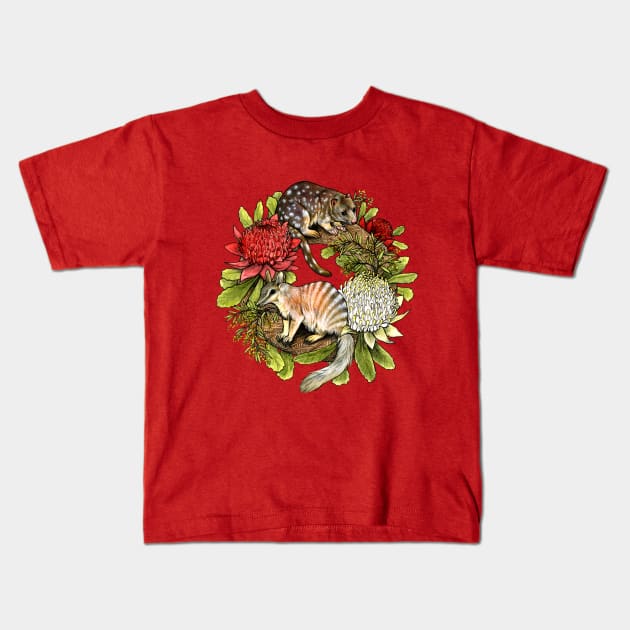 Quoll and Numbat Australian Christmas Wreath Kids T-Shirt by Pip Tacla